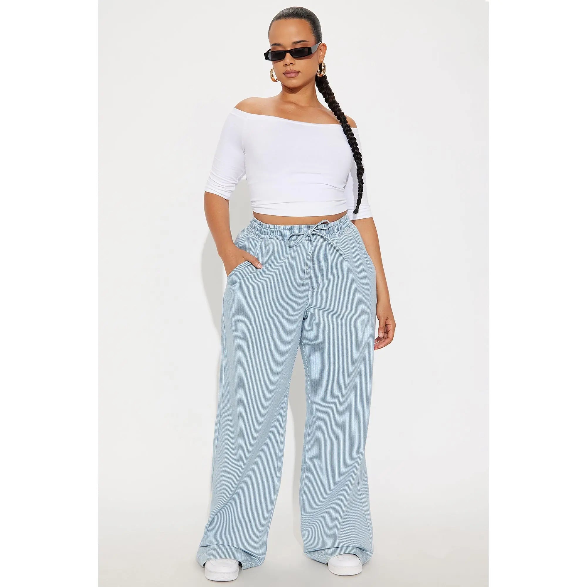 Tall Seawalk Striped Pull on Wide Leg Jeans - Light Blue