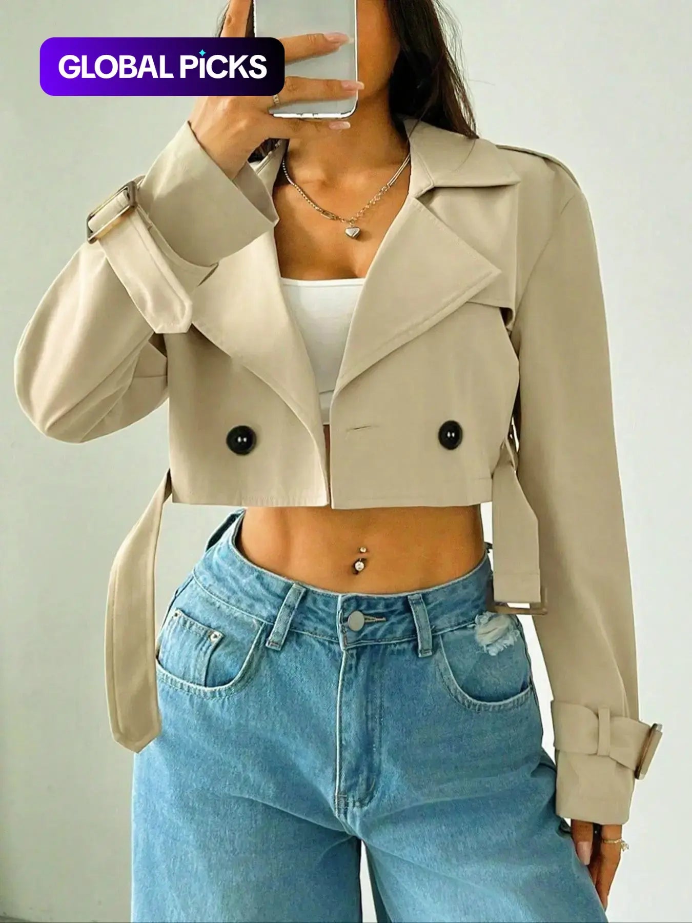 Women'S Plain Fitted Crop Trench Coat - Solid, Double-Button, Belted Lapel Neckline, Long-Sleeve, Casual Womenswear Outerwear for Spring & Fall, Daily Wear Tops Lady Blazer Jacket