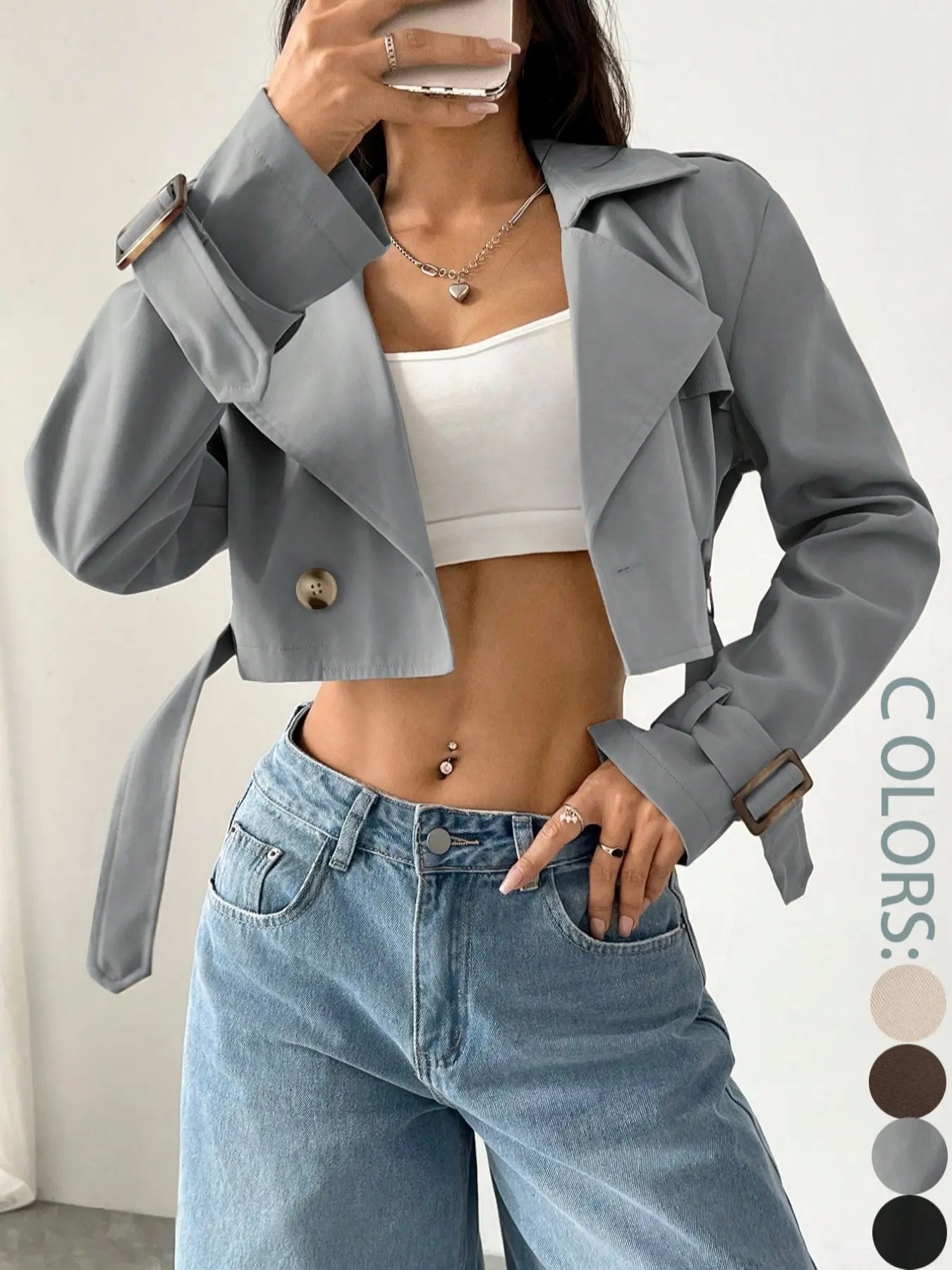 Women'S Plain Fitted Crop Trench Coat - Solid, Double-Button, Belted Lapel Neckline, Long-Sleeve, Casual Womenswear Outerwear for Spring & Fall, Daily Wear Tops Lady Blazer Jacket