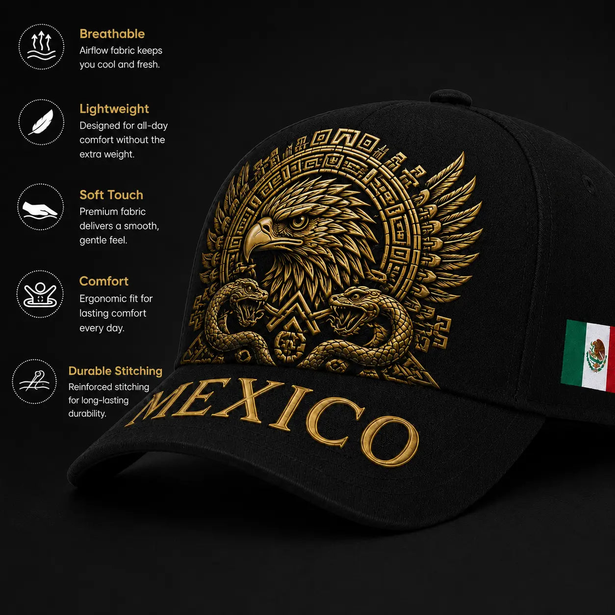 Mexico Baseball Cap with Golden Aztec Eagle Embroidery, Adjustable Snapback Hat for Men & Women, Breathable Sturdy Design for Patriots & Sports