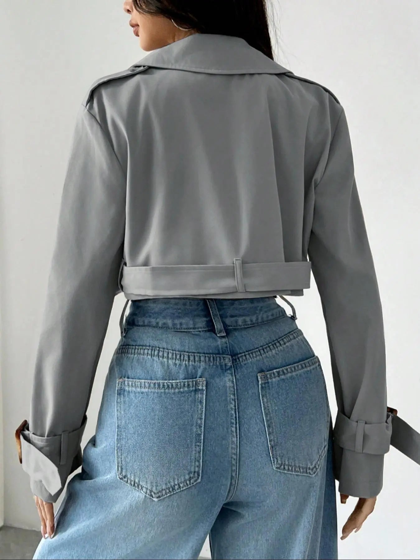 Women'S Plain Fitted Crop Trench Coat - Solid, Double-Button, Belted Lapel Neckline, Long-Sleeve, Casual Womenswear Outerwear for Spring & Fall, Daily Wear Tops Lady Blazer Jacket