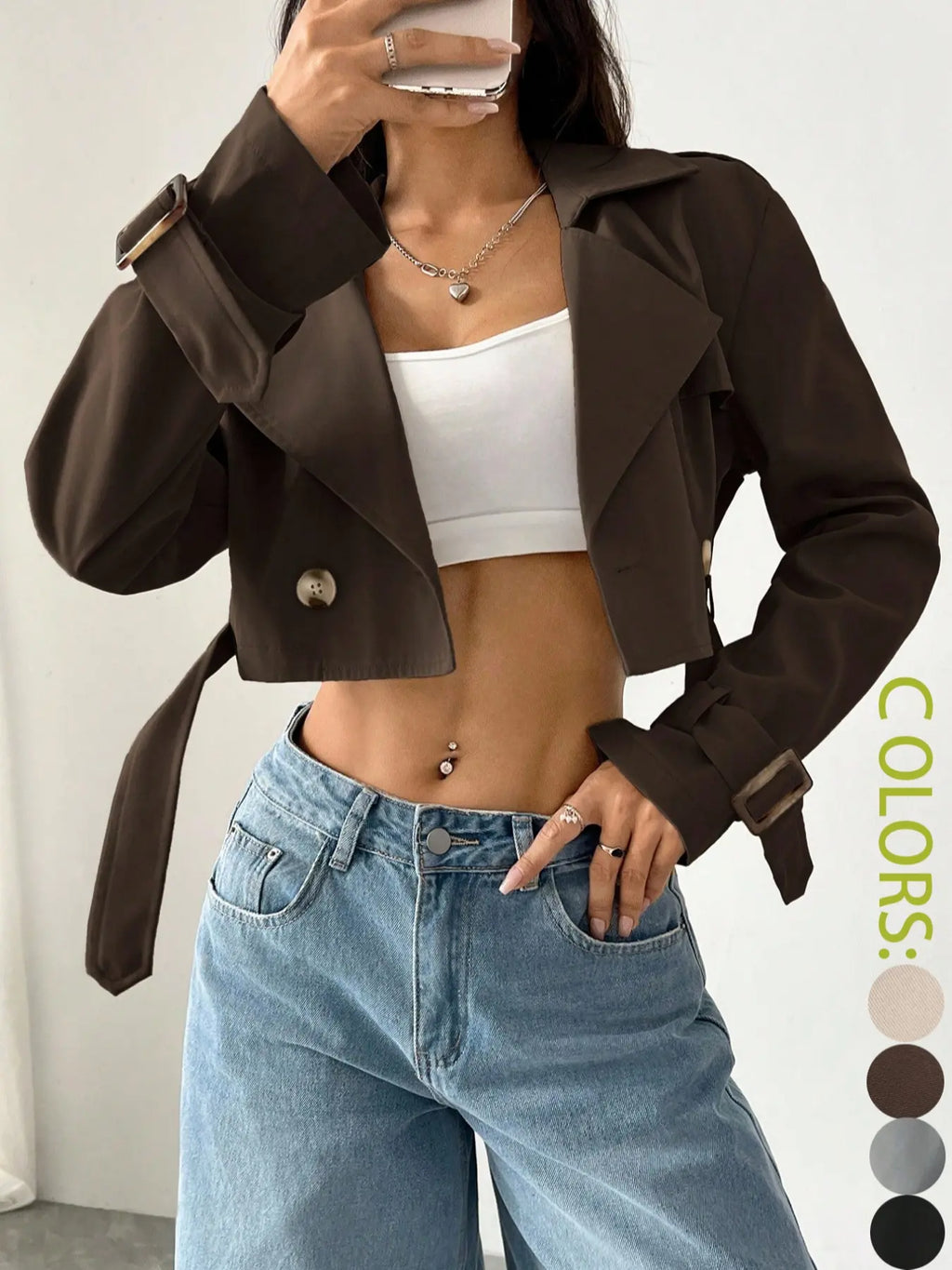 Women'S Plain Fitted Crop Trench Coat - Solid, Double-Button, Belted Lapel Neckline, Long-Sleeve, Casual Womenswear Outerwear for Spring & Fall, Daily Wear Tops Lady Blazer Jacket