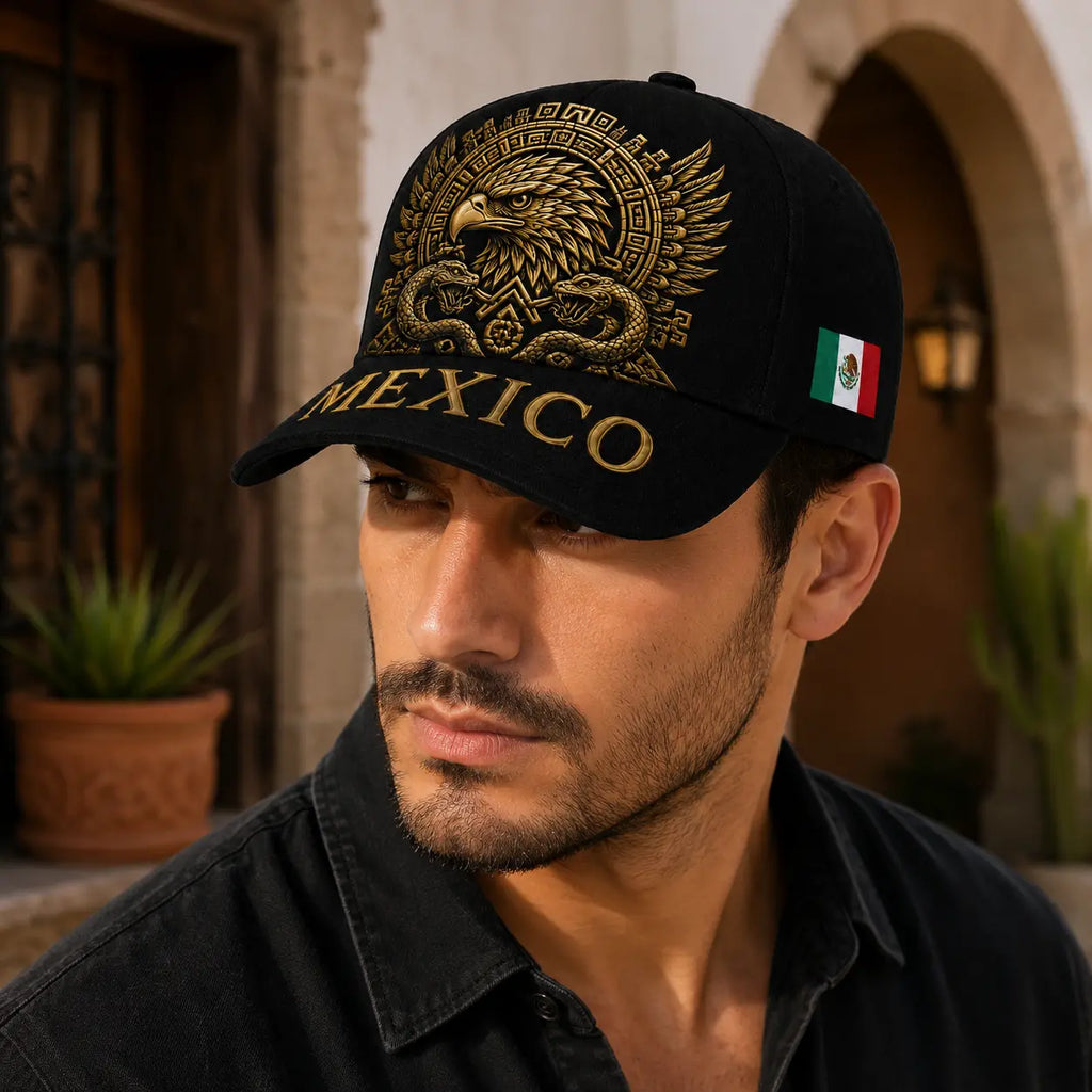 Mexico Baseball Cap with Golden Aztec Eagle Embroidery, Adjustable Snapback Hat for Men & Women, Breathable Sturdy Design for Patriots & Sports