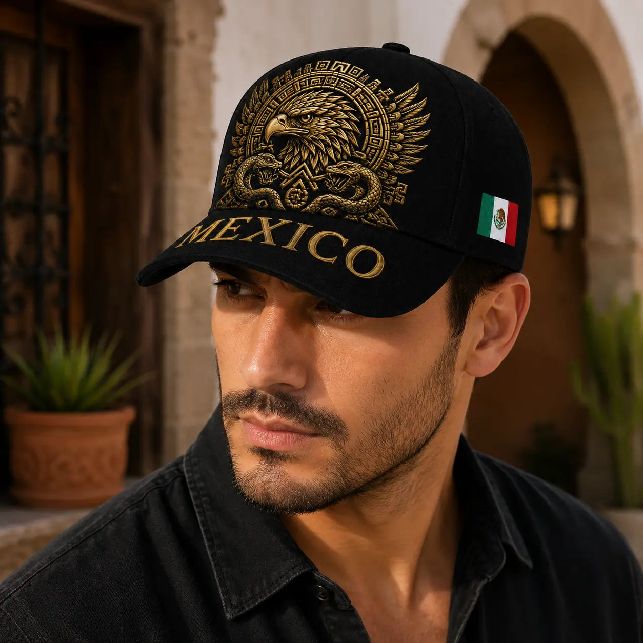 Mexico Baseball Cap with Golden Aztec Eagle Embroidery, Adjustable Snapback Hat for Men & Women, Breathable Sturdy Design for Patriots & Sports