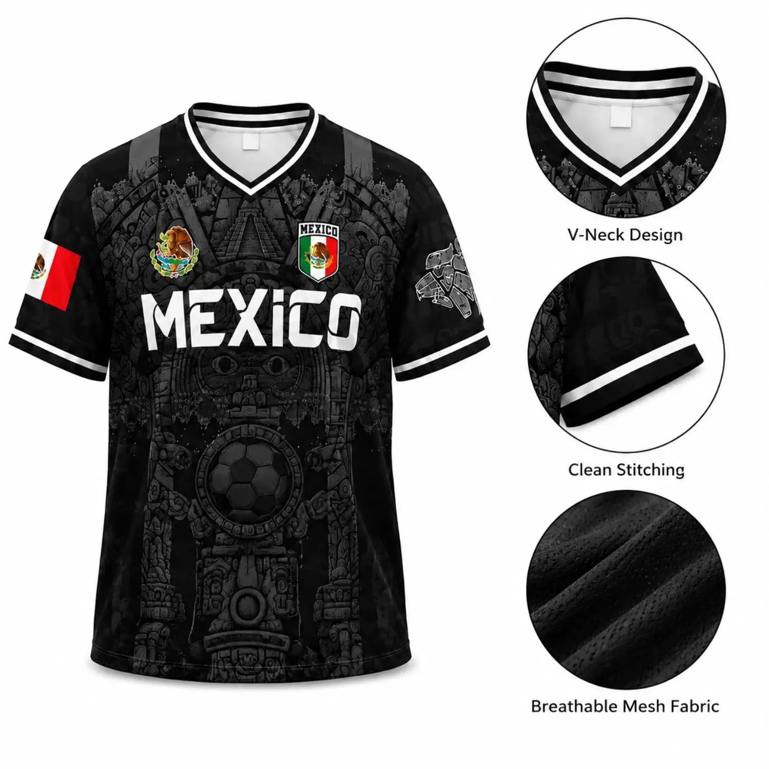Men'S - White & Red Retro Sport Shirt Featuring Virgin of Guadalupe Style Jersey, Sugar Skull & Aztec Calendar Design