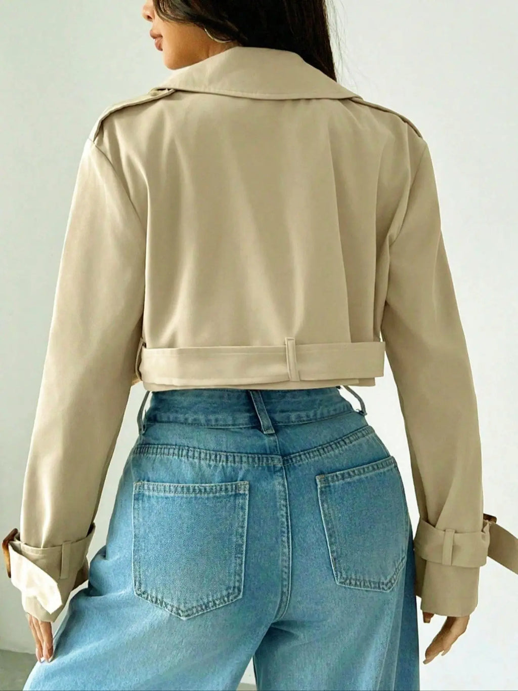 Women'S Plain Fitted Crop Trench Coat - Solid, Double-Button, Belted Lapel Neckline, Long-Sleeve, Casual Womenswear Outerwear for Spring & Fall, Daily Wear Tops Lady Blazer Jacket