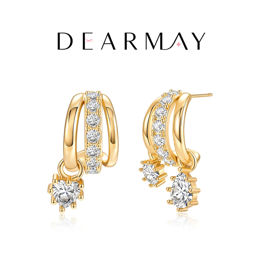Dearmay Gold Three-Tier Earrings for Women with Zircon Clip Earrings Summervibes Gifts for Girls