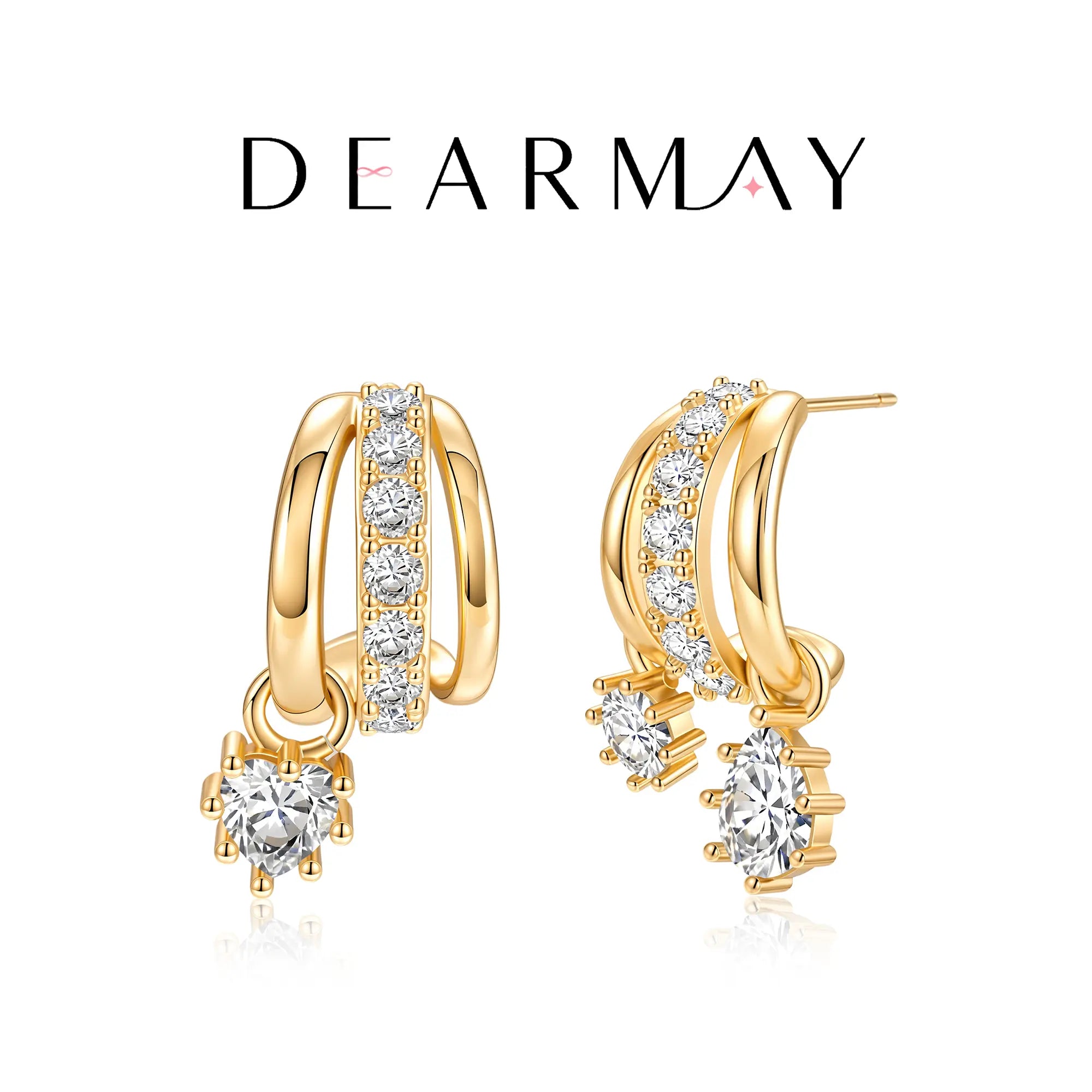 Dearmay Gold Three-Tier Earrings for Women with Zircon Clip Earrings Summervibes Gifts for Girls