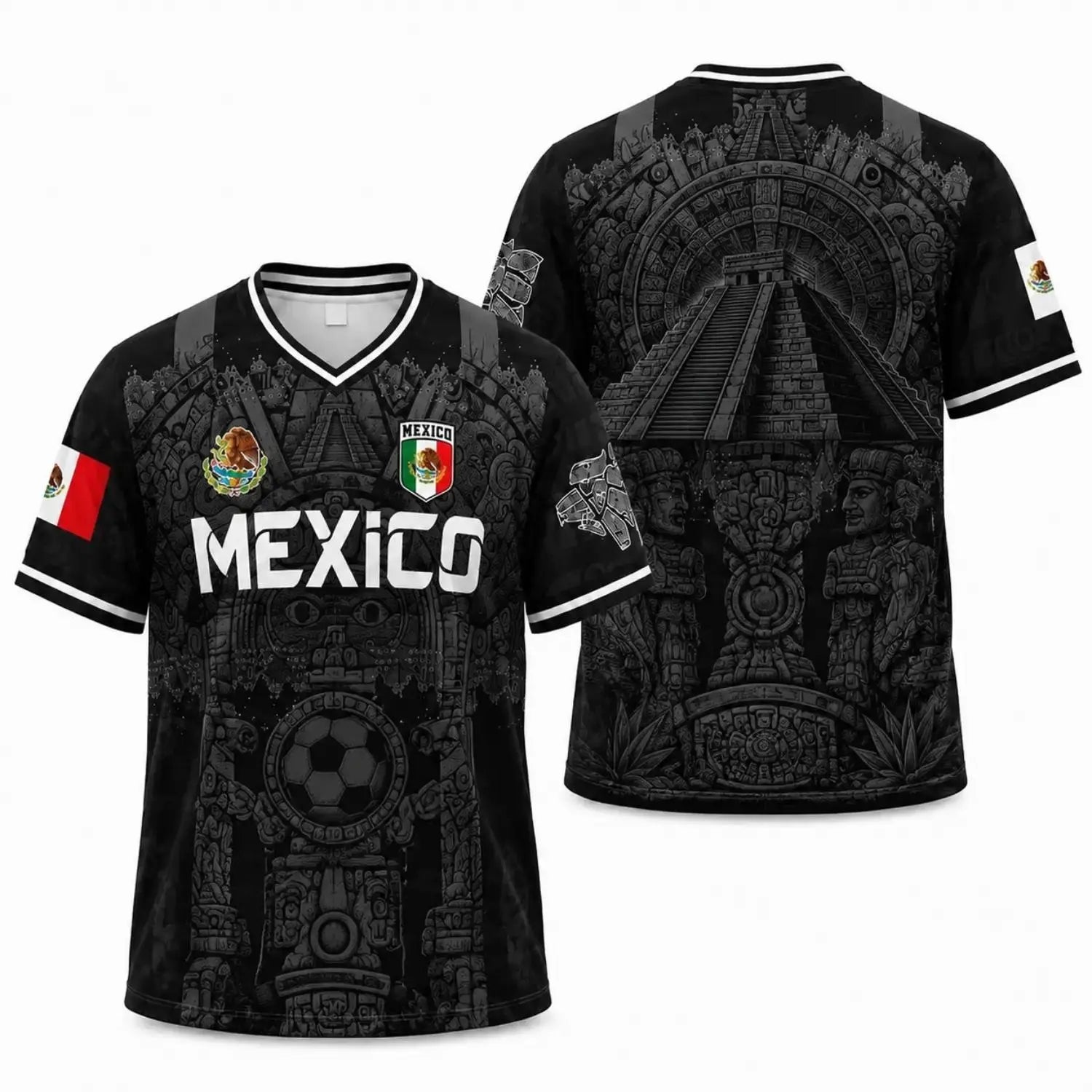 Men'S - White & Red Retro Sport Shirt Featuring Virgin of Guadalupe Style Jersey, Sugar Skull & Aztec Calendar Design