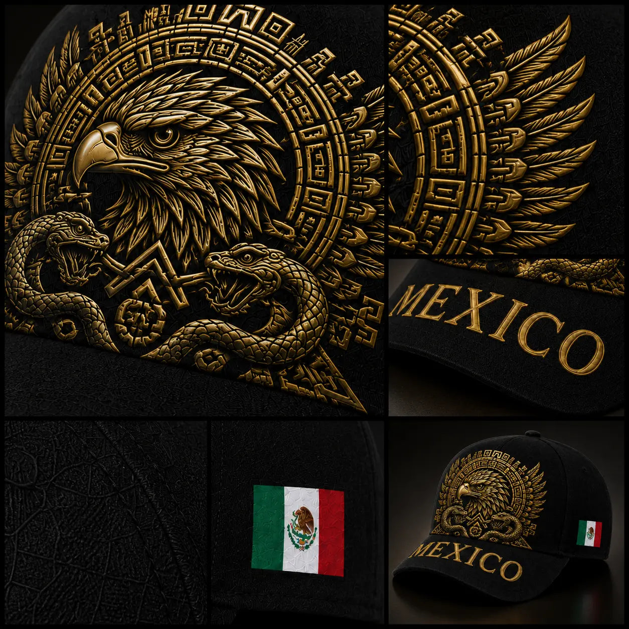 Mexico Baseball Cap with Golden Aztec Eagle Embroidery, Adjustable Snapback Hat for Men & Women, Breathable Sturdy Design for Patriots & Sports