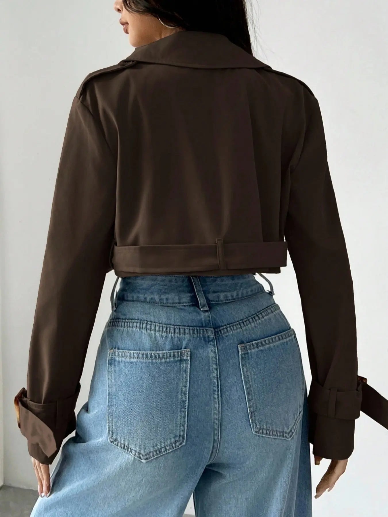 Women'S Plain Fitted Crop Trench Coat - Solid, Double-Button, Belted Lapel Neckline, Long-Sleeve, Casual Womenswear Outerwear for Spring & Fall, Daily Wear Tops Lady Blazer Jacket
