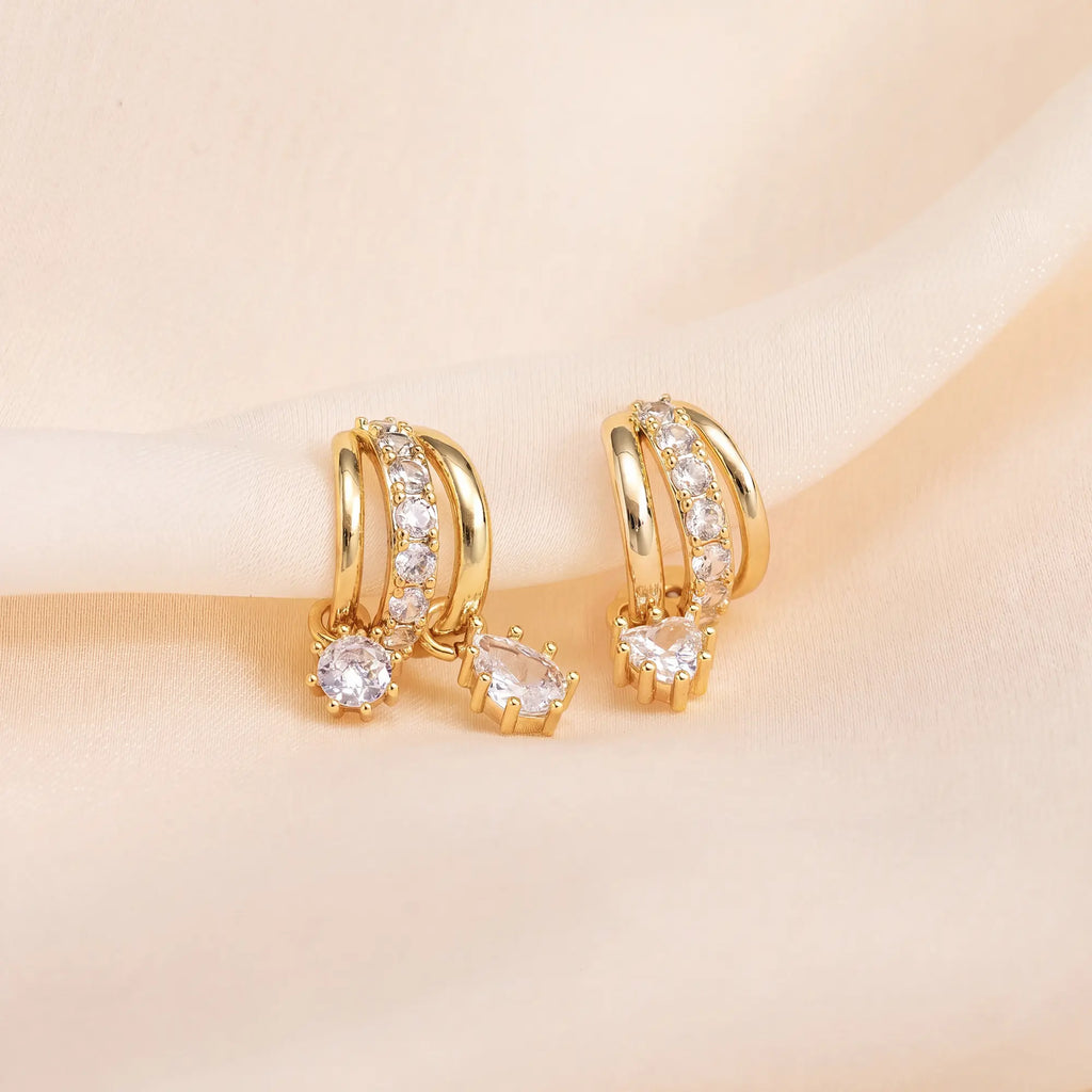 Dearmay Gold Three-Tier Earrings for Women with Zircon Clip Earrings Summervibes Gifts for Girls