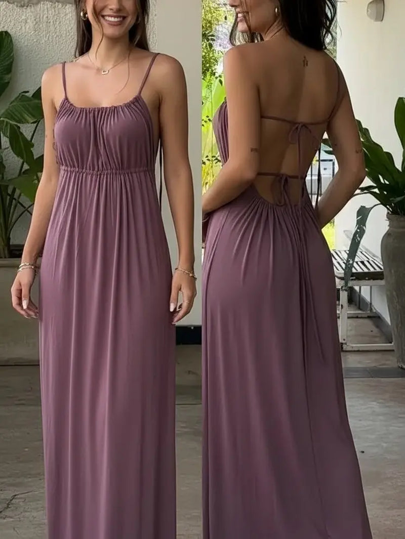 Women'S Sweet Style Summerdrawstring Loose Slip Dress Lazy Stylesolid Color Long Cami Dress Sexy Slim Fitpleated Dress Elegant Advanced Sensecasual Party Vacation Dresses Chic Womenswear，Loungewear for Women，Comfy Nightgown for Women