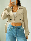Women'S Plain Fitted Crop Trench Coat - Solid, Double-Button, Belted Lapel Neckline, Long-Sleeve, Casual Womenswear Outerwear for Spring & Fall, Daily Wear Tops Lady Blazer Jacket