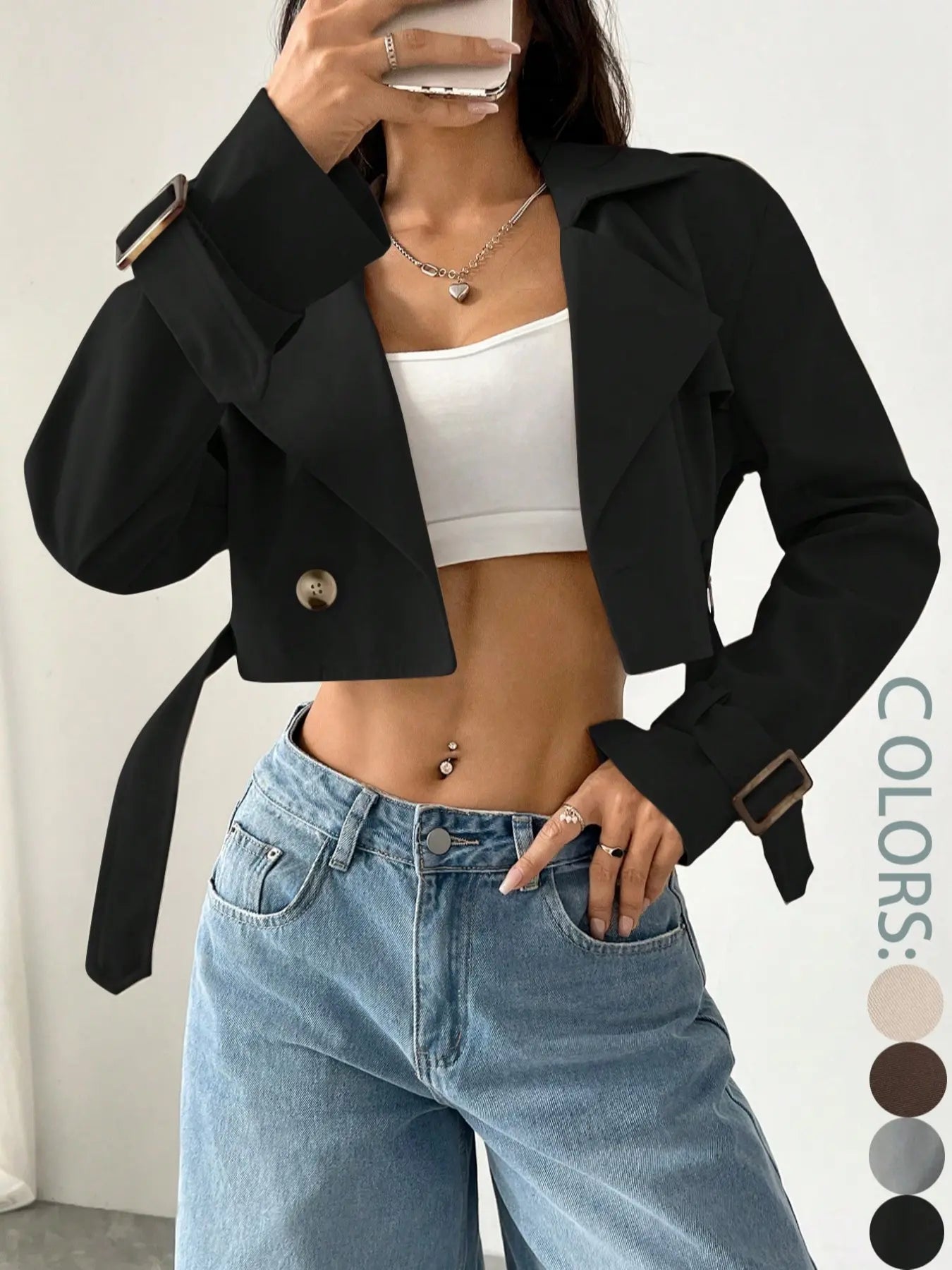 Women'S Plain Fitted Crop Trench Coat - Solid, Double-Button, Belted Lapel Neckline, Long-Sleeve, Casual Womenswear Outerwear for Spring & Fall, Daily Wear Tops Lady Blazer Jacket