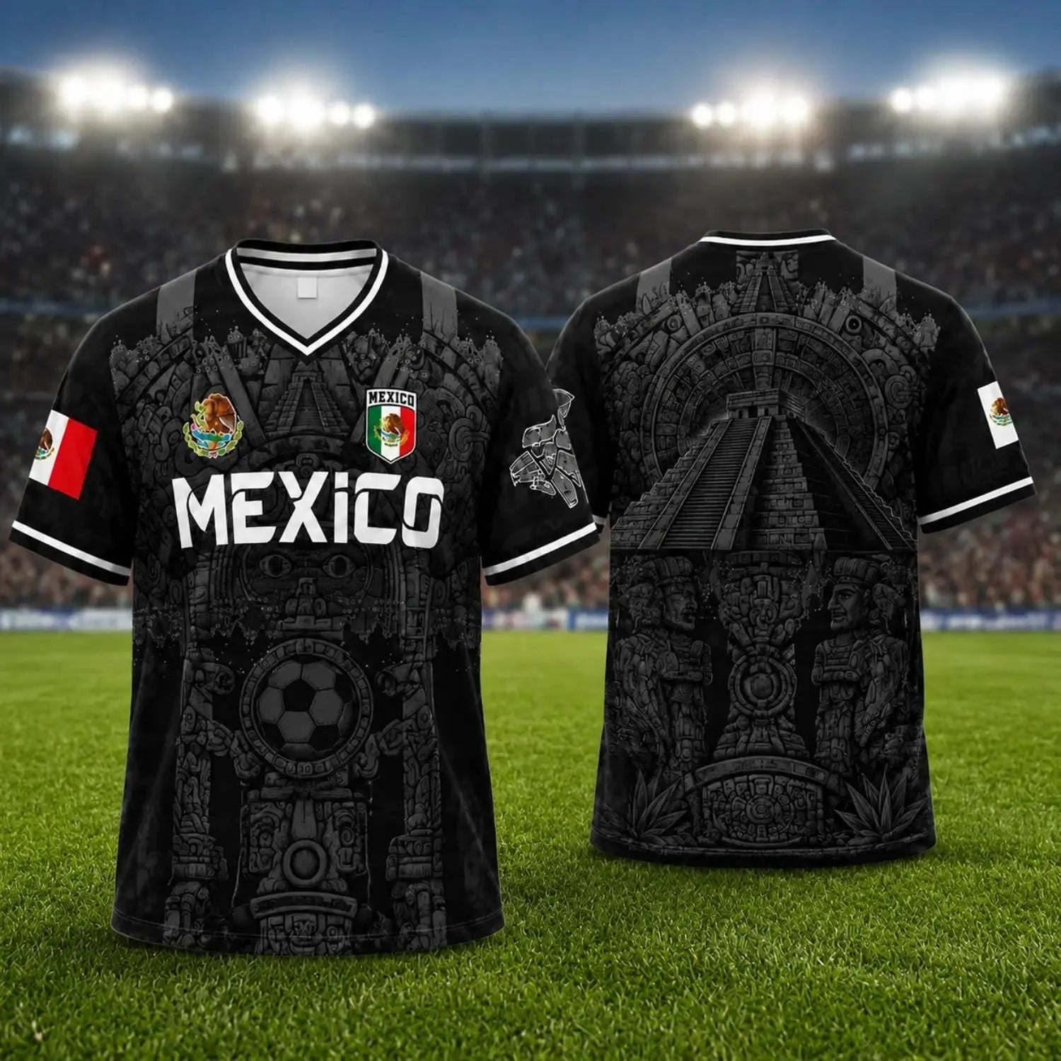 Men'S - White & Red Retro Sport Shirt Featuring Virgin of Guadalupe Style Jersey, Sugar Skull & Aztec Calendar Design