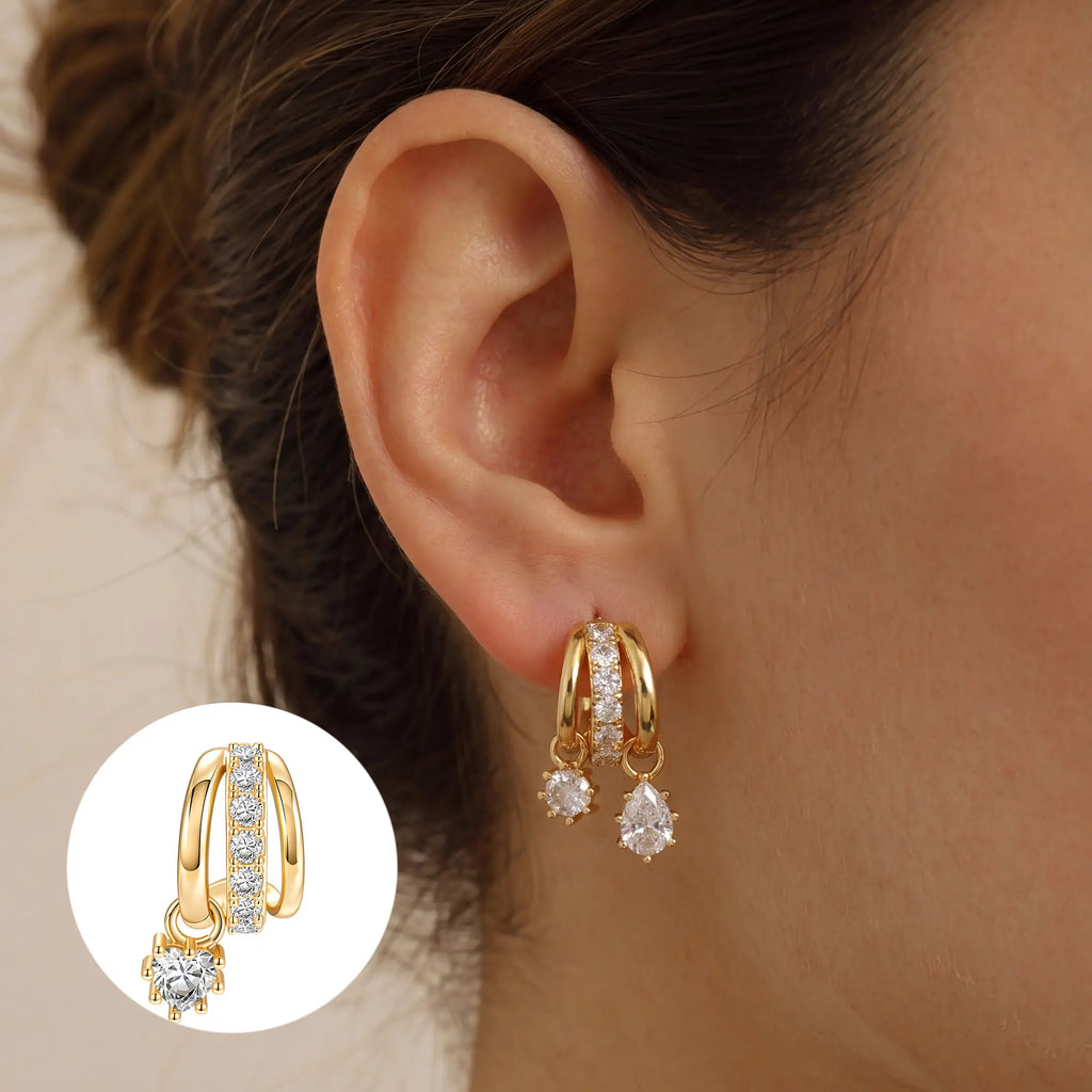 Dearmay Gold Three-Tier Earrings for Women with Zircon Clip Earrings Summervibes Gifts for Girls