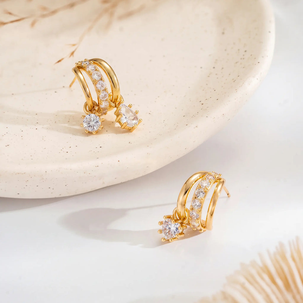 Dearmay Gold Three-Tier Earrings for Women with Zircon Clip Earrings Summervibes Gifts for Girls