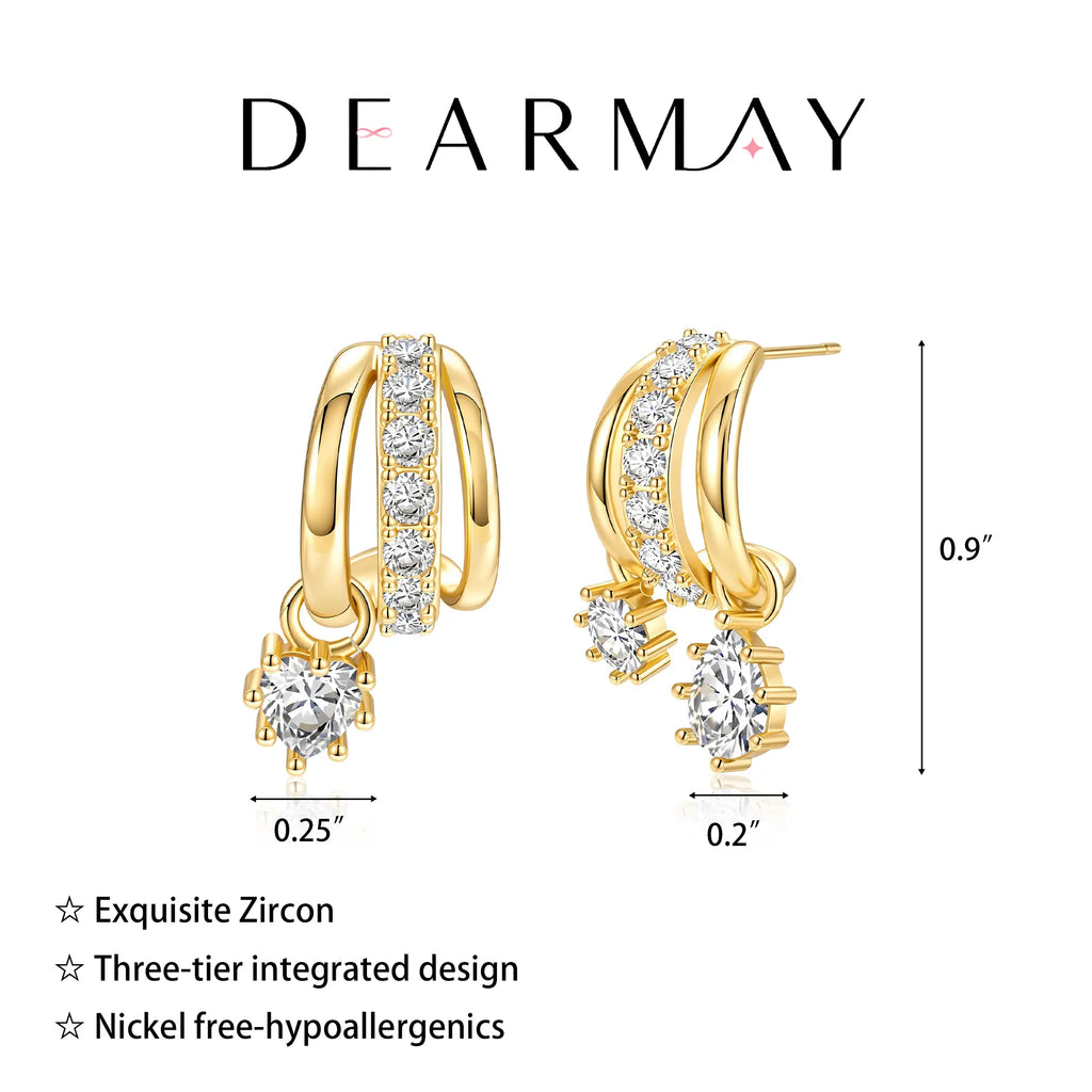 Dearmay Gold Three-Tier Earrings for Women with Zircon Clip Earrings Summervibes Gifts for Girls