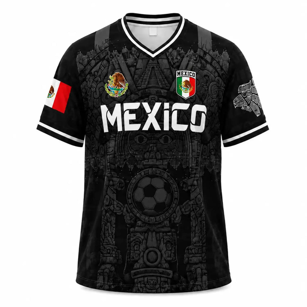 Men'S - White & Red Retro Sport Shirt Featuring Virgin of Guadalupe Style Jersey, Sugar Skull & Aztec Calendar Design