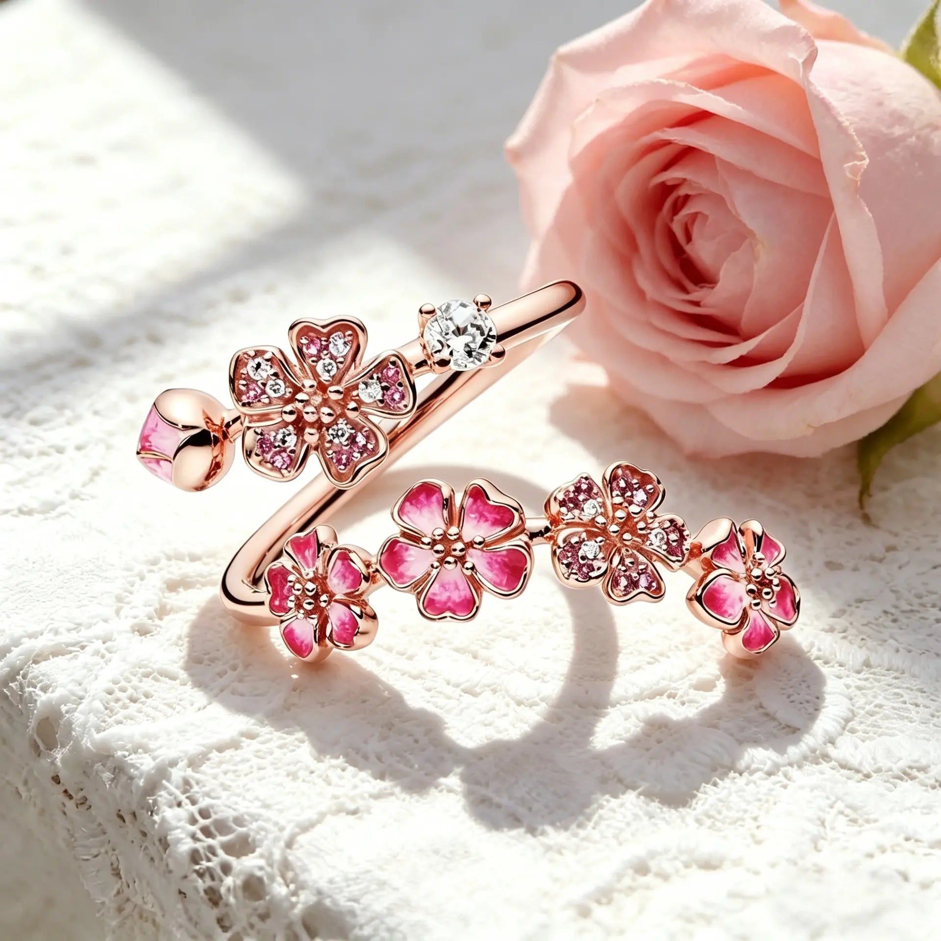 Women'S Adjustable Open Flower Rings - Dainty Peach Blossom Design with Cubic Zirconia, Enamel or Pearl, Fashion Jewelry Gifts for Women, Birthday or Mother'S Day, Rings for Women