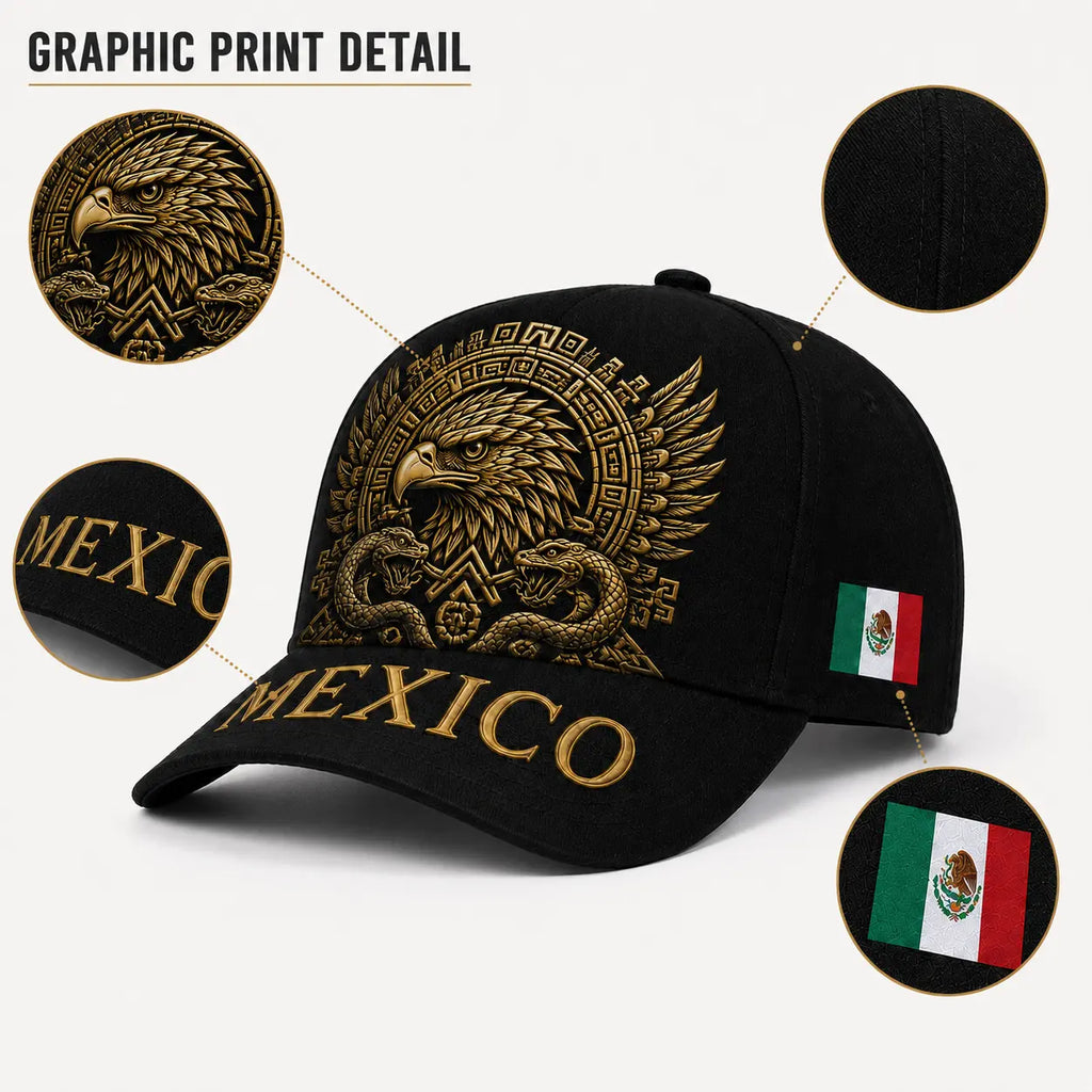 Mexico Baseball Cap with Golden Aztec Eagle Embroidery, Adjustable Snapback Hat for Men & Women, Breathable Sturdy Design for Patriots & Sports