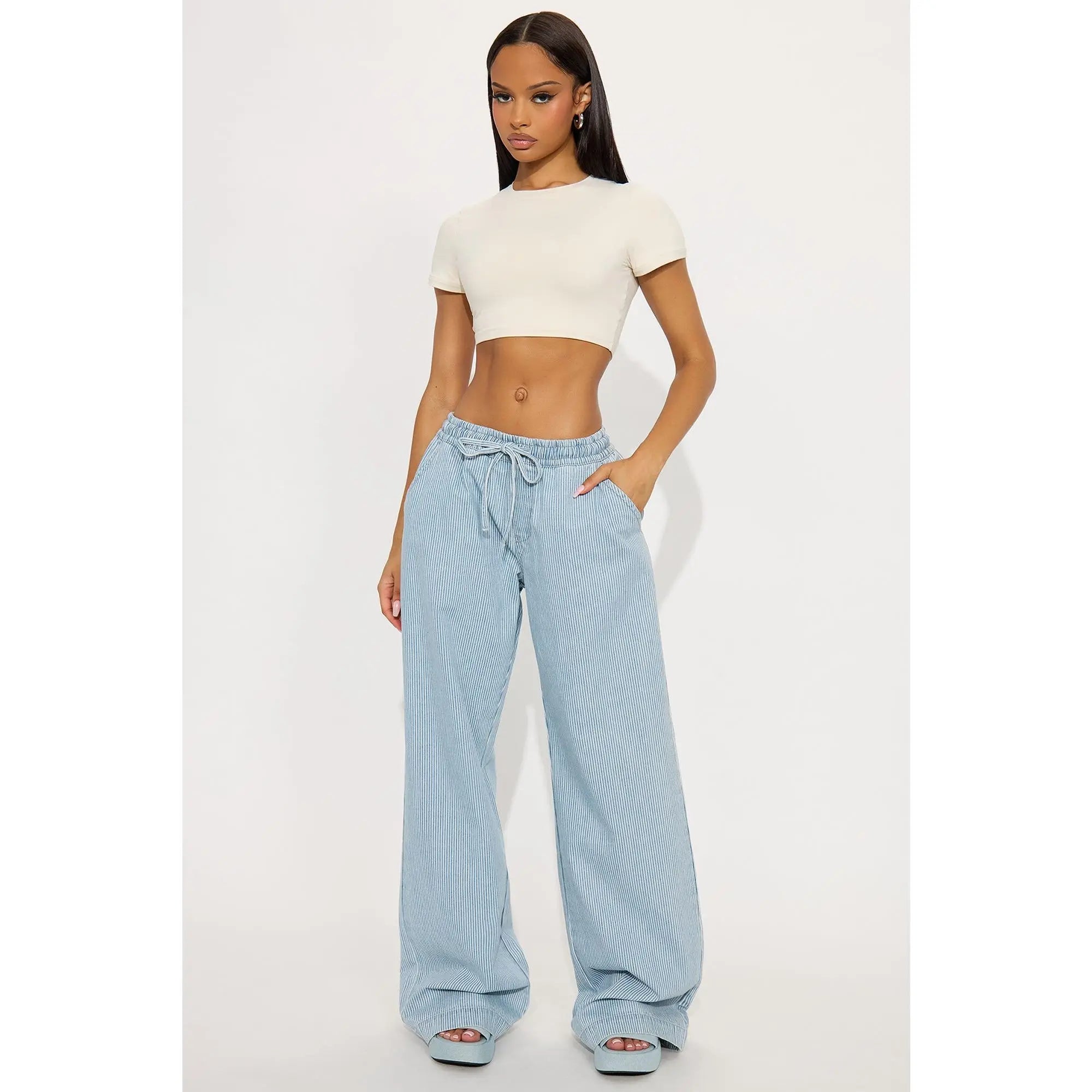Tall Seawalk Striped Pull on Wide Leg Jeans - Light Blue