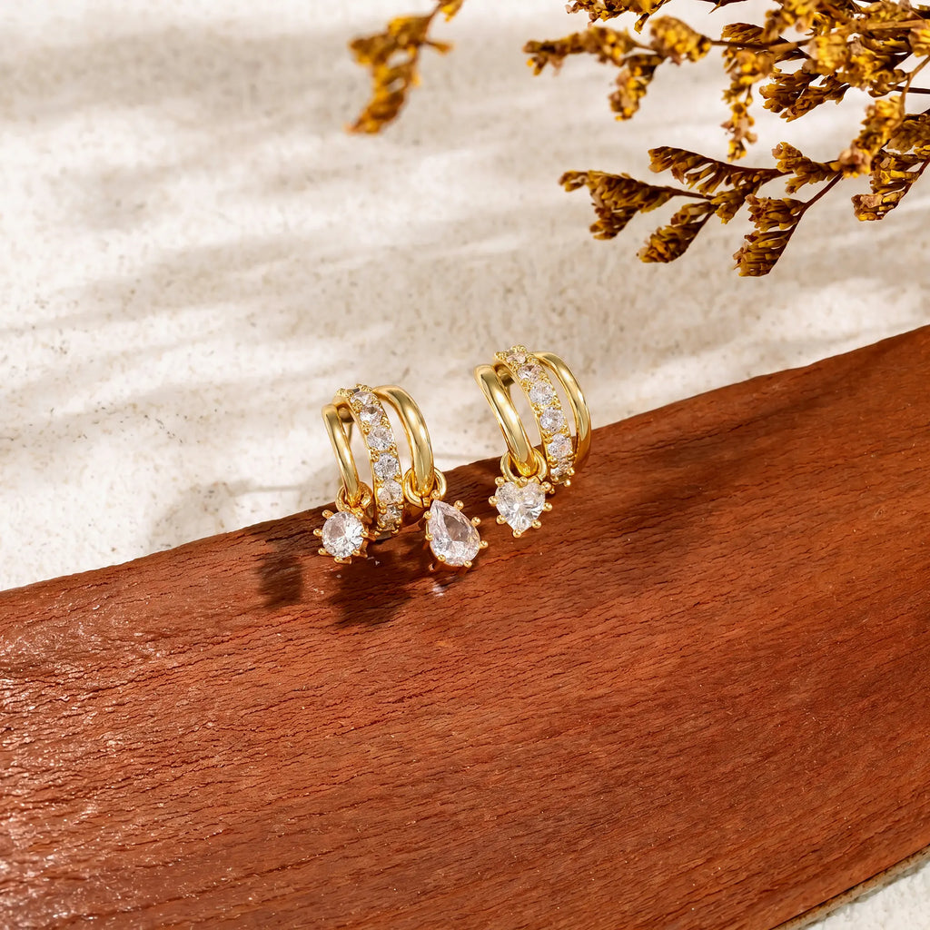 Dearmay Gold Three-Tier Earrings for Women with Zircon Clip Earrings Summervibes Gifts for Girls