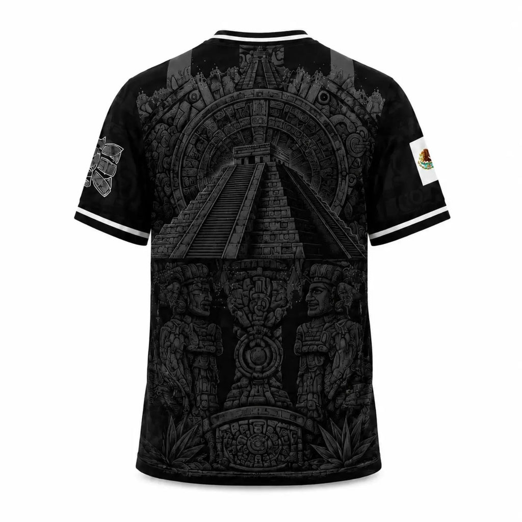 Men'S - White & Red Retro Sport Shirt Featuring Virgin of Guadalupe Style Jersey, Sugar Skull & Aztec Calendar Design
